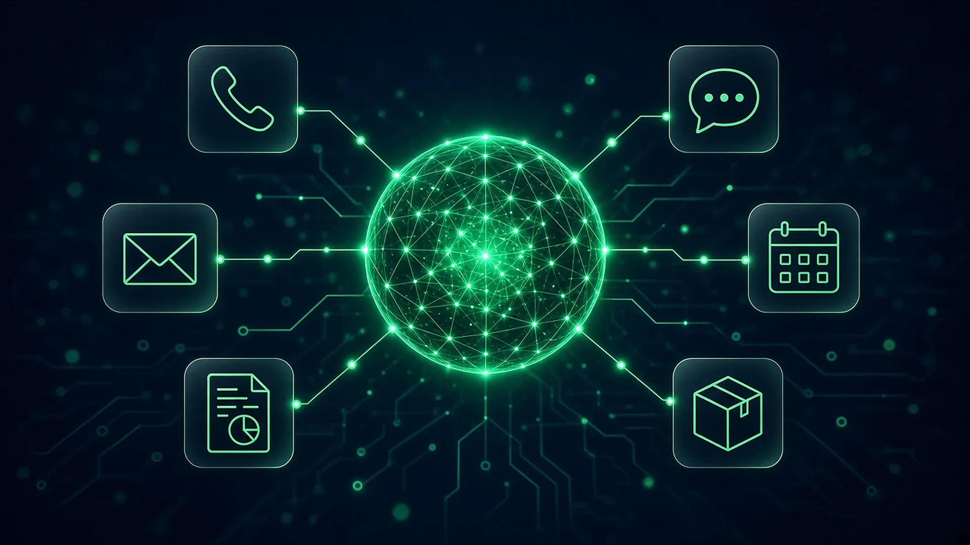 Telefon, mesaj, e-posta, takvim, fatura ve kargo kanallarına bağlı yapay zekâ çekirdeği illüstrasyonu
